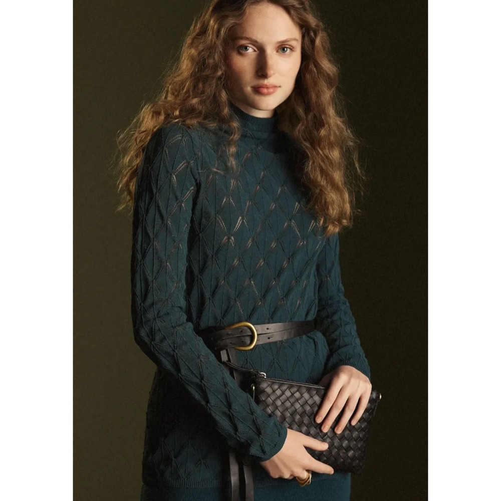 Amour Vert Chaney Diamond Pointelle Top Women Medium Forest Green Office NWT